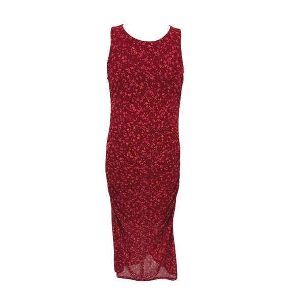 41 Hawthorn Floral Ruched Midi Mesh Overlay Dress Berry Red Pink Size Large NWT - Picture 1 of 11
